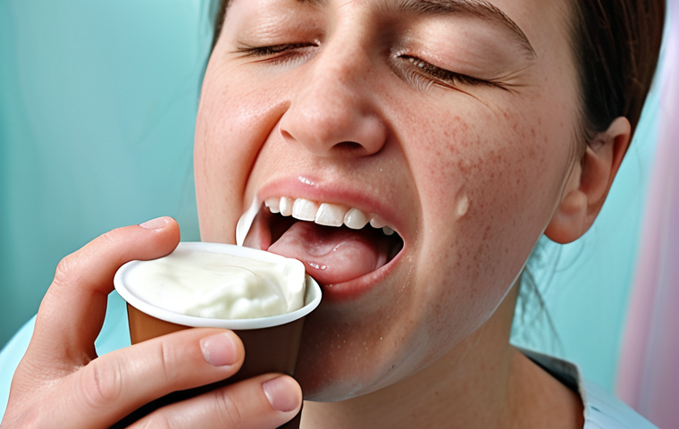**

*   Prompt: Dental implant patient with swollen cheek, applying ice pack. Emphasis on pain relief, possibly with pain medication nearby. Soft foods (yogurt, soup) visible in the background.

**