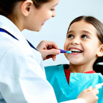 A professional female dentist, wearing a crisp, modest lab coat and scrubs, is gently applying a dental sealant to the molar of a young, calm child (around 8-10 years old) who is comfortably seated in a modern dental chair. The dentist is holding a small, specialized light pen. The background features a clean, well-lit, and contemporary dental office with blurred professional equipment. The child is fully clothed in appropriate, modest attire. The scene emphasizes modern preventive dental care. safe for work, appropriate content, family-friendly, perfect anatomy, correct proportions, natural pose, well-formed hands, proper finger count, natural body proportions, professional photography, high quality.