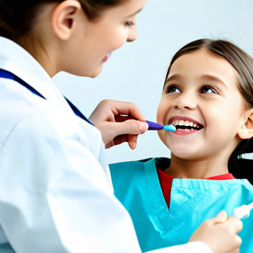 Home 24 A professional female dentist, wearing a crisp, modest lab coat and scrubs, is gently applying a dental sealant to the molar of a young, calm child (around 8-10 years old) who is comfortably seated in a modern dental chair. The dentist is holding a small, specialized light pen. The background features a clean, well-lit, and contemporary dental office with blurred professional equipment. The child is fully clothed in appropriate, modest attire. The scene emphasizes modern preventive dental care. safe for work, appropriate content, family-friendly, perfect anatomy, correct proportions, natural pose, well-formed hands, proper finger count, natural body proportions, professional photography, high quality.