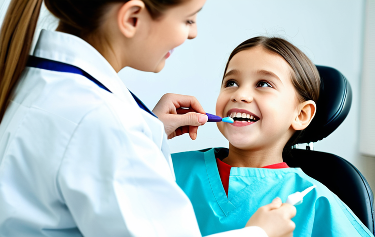 A professional female dentist, wearing a crisp, modest lab coat and scrubs, is gently applying a dental sealant to the molar of a young, calm child (around 8-10 years old) who is comfortably seated in a modern dental chair. The dentist is holding a small, specialized light pen. The background features a clean, well-lit, and contemporary dental office with blurred professional equipment. The child is fully clothed in appropriate, modest attire. The scene emphasizes modern preventive dental care. safe for work, appropriate content, family-friendly, perfect anatomy, correct proportions, natural pose, well-formed hands, proper finger count, natural body proportions, professional photography, high quality.