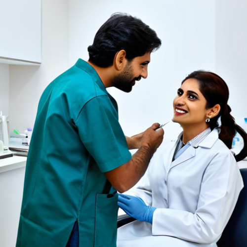 Home 23 **
"A Pakistani dentist in a clean, modern dental office, consulting with a patient (fully clothed) about crown procedures. The dentist is explaining different crown materials (porcelain, metal, zirconia) using visual aids. Safe for work, appropriate content, professional setting, modest attire, perfect anatomy, natural pose, well-lit."
**