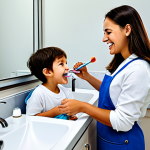 **

"A family-friendly scene depicting a child learning to brush their teeth correctly in a bright bathroom, fully clothed, appropriate content, safe for work, professional illustration, perfect anatomy, correct proportions, showcasing proper brushing technique, modest bathroom setting, family-friendly, high quality."

**