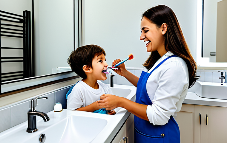 **

"A family-friendly scene depicting a child learning to brush their teeth correctly in a bright bathroom, fully clothed, appropriate content, safe for work, professional illustration, perfect anatomy, correct proportions, showcasing proper brushing technique, modest bathroom setting, family-friendly, high quality."

**