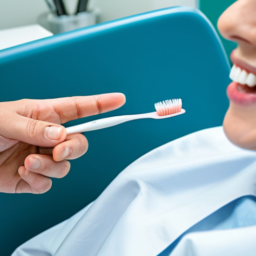 Home 9 **
A patient, fully clothed and in appropriate attire, sitting in a dental chair in a modern clinic setting. The dentist, also in professional attire, is demonstrating proper oral hygiene techniques, using a soft toothbrush to clean around a dental implant. Focus on correct form and gentle motion, professional setting, safe for work, modest, perfect anatomy, proper finger count, well-formed hands.
**