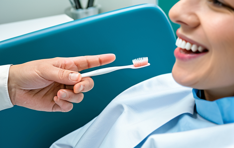 **

A patient, fully clothed and in appropriate attire, sitting in a dental chair in a modern clinic setting. The dentist, also in professional attire, is demonstrating proper oral hygiene techniques, using a soft toothbrush to clean around a dental implant. Focus on correct form and gentle motion, professional setting, safe for work, modest, perfect anatomy, proper finger count, well-formed hands.

**